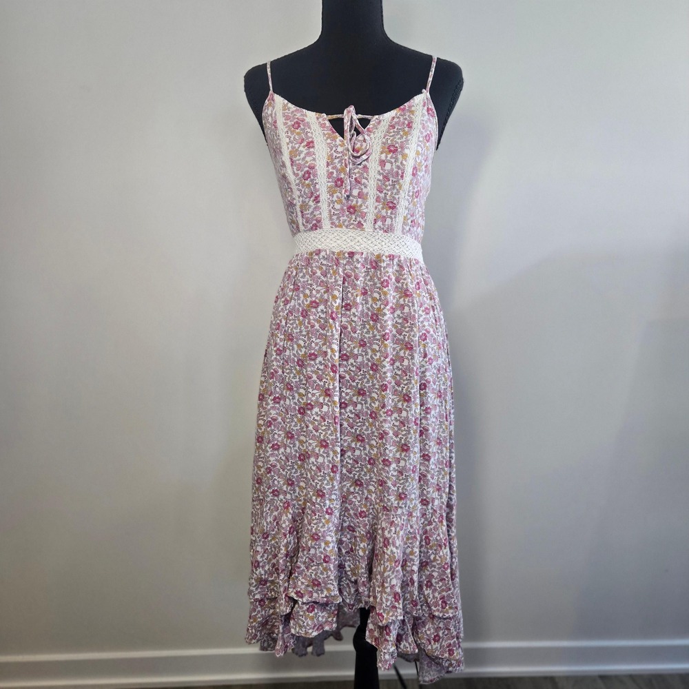 American Eagle Floral Midi Dress Womens Medium Pink Excellent Crochet High Low